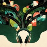 Ilustração editorial de fones de ouvido com caminhos musicais abstratos.
