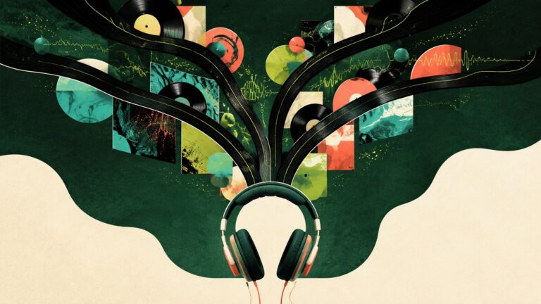 Ilustração editorial de fones de ouvido com caminhos musicais abstratos.