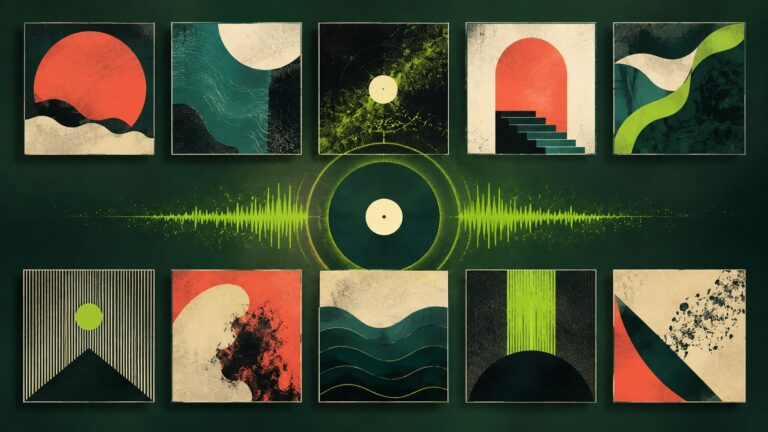 Galeria de dez capas abstratas ao redor de um disco e uma onda sonora.