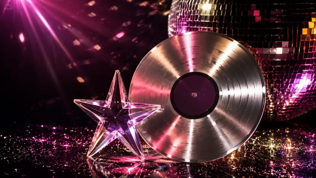 Disco prateado, estrela de cristal e globo espelhado sob luzes rosas e douradas