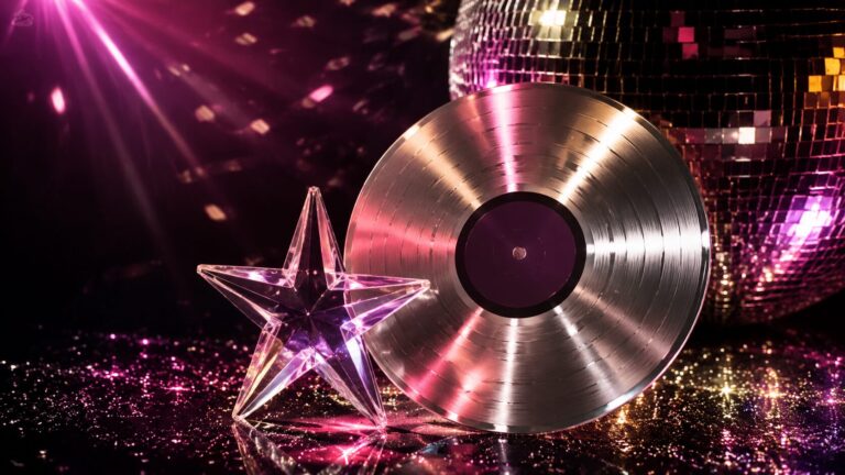 Disco prateado, estrela de cristal e globo espelhado sob luzes rosas e douradas