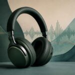 Fone de ouvido Bluetooth genérico diante de formas abstratas e ondas sonoras