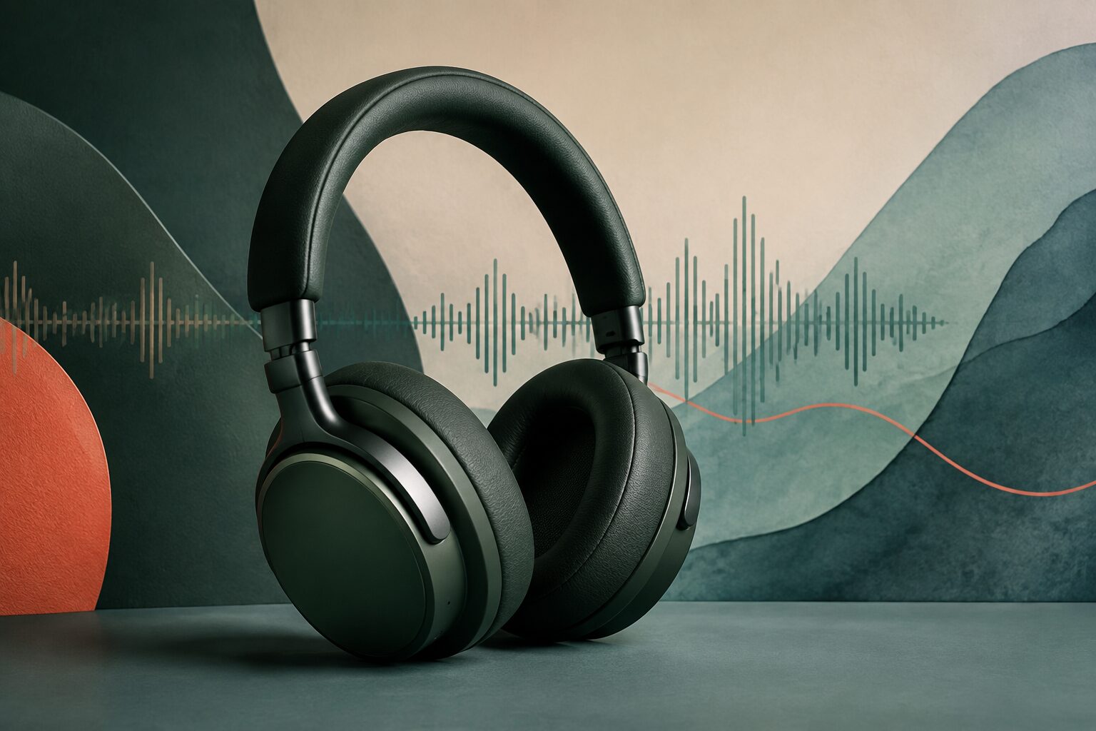 Fone de ouvido Bluetooth genérico diante de formas abstratas e ondas sonoras