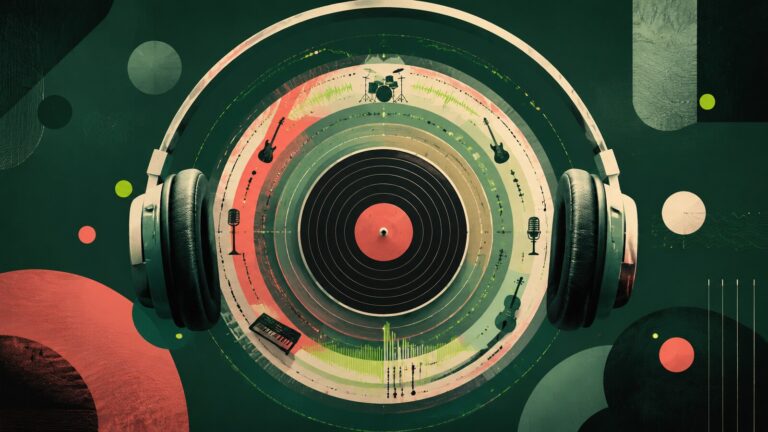 Fones envolvem um disco com camadas de ondas e instrumentos musicais.